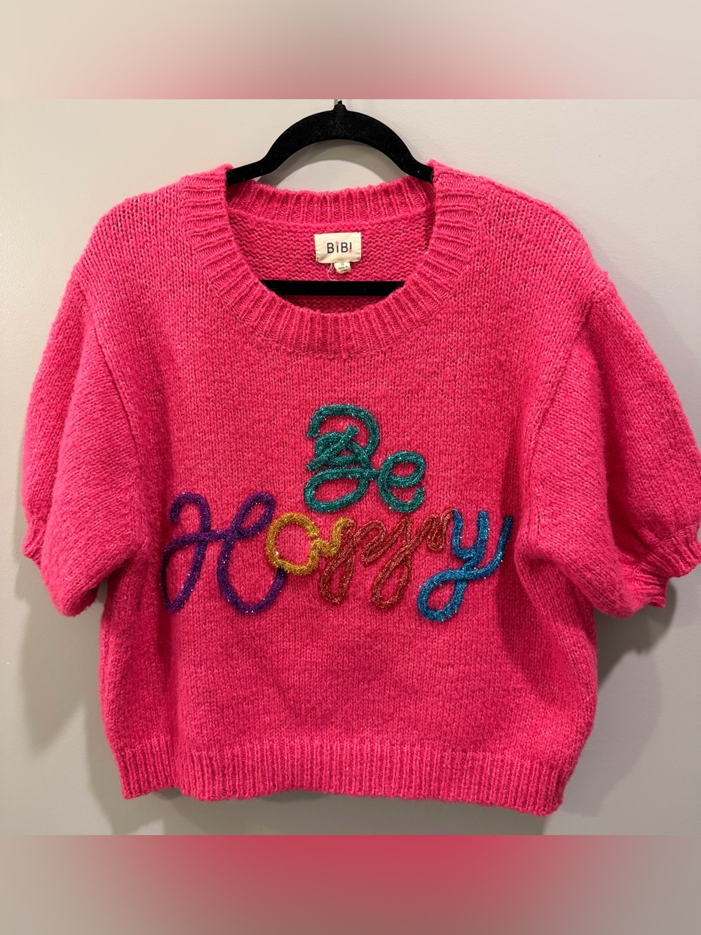 BiBi Hot Pink 'Be Happy' Sparkly Letter Puff Sleeve Knit Sweater Size S